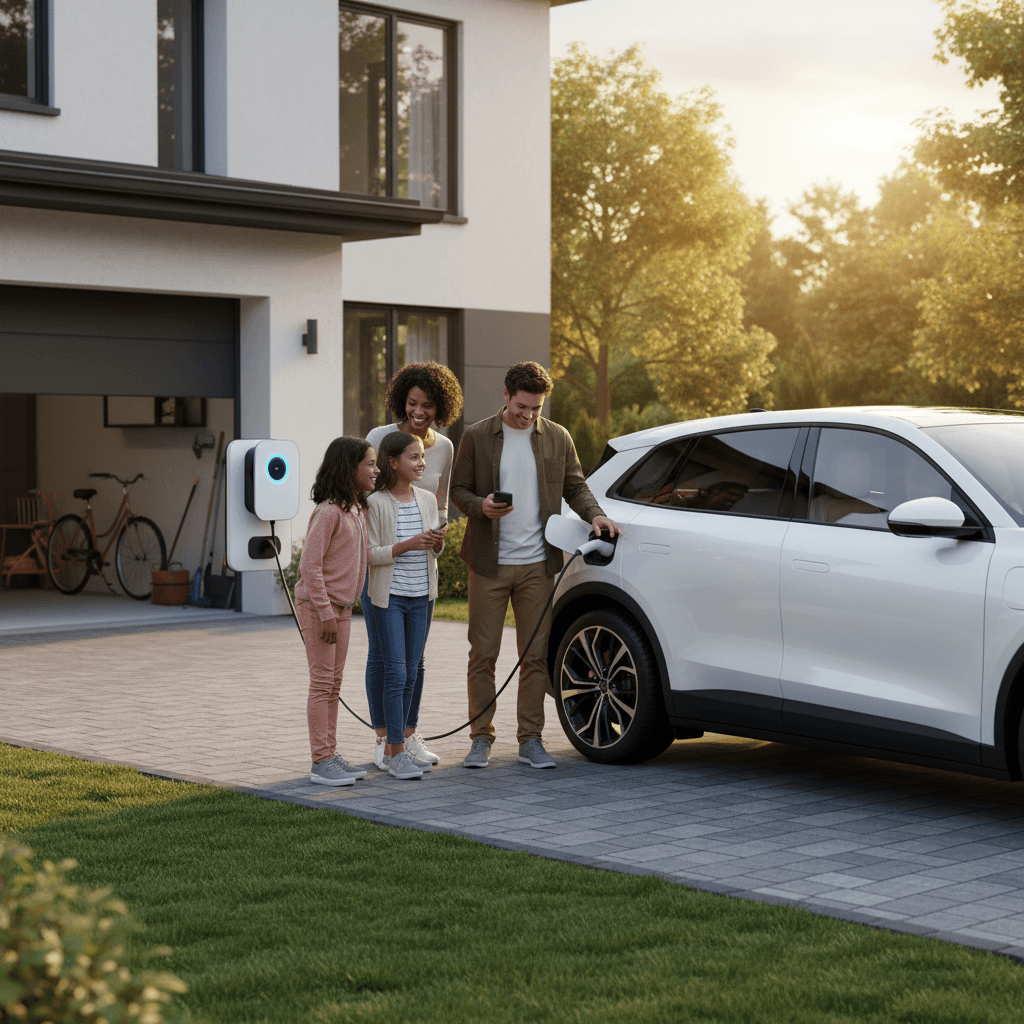 Family looking at an electric SUV in a driveway with a home charging station