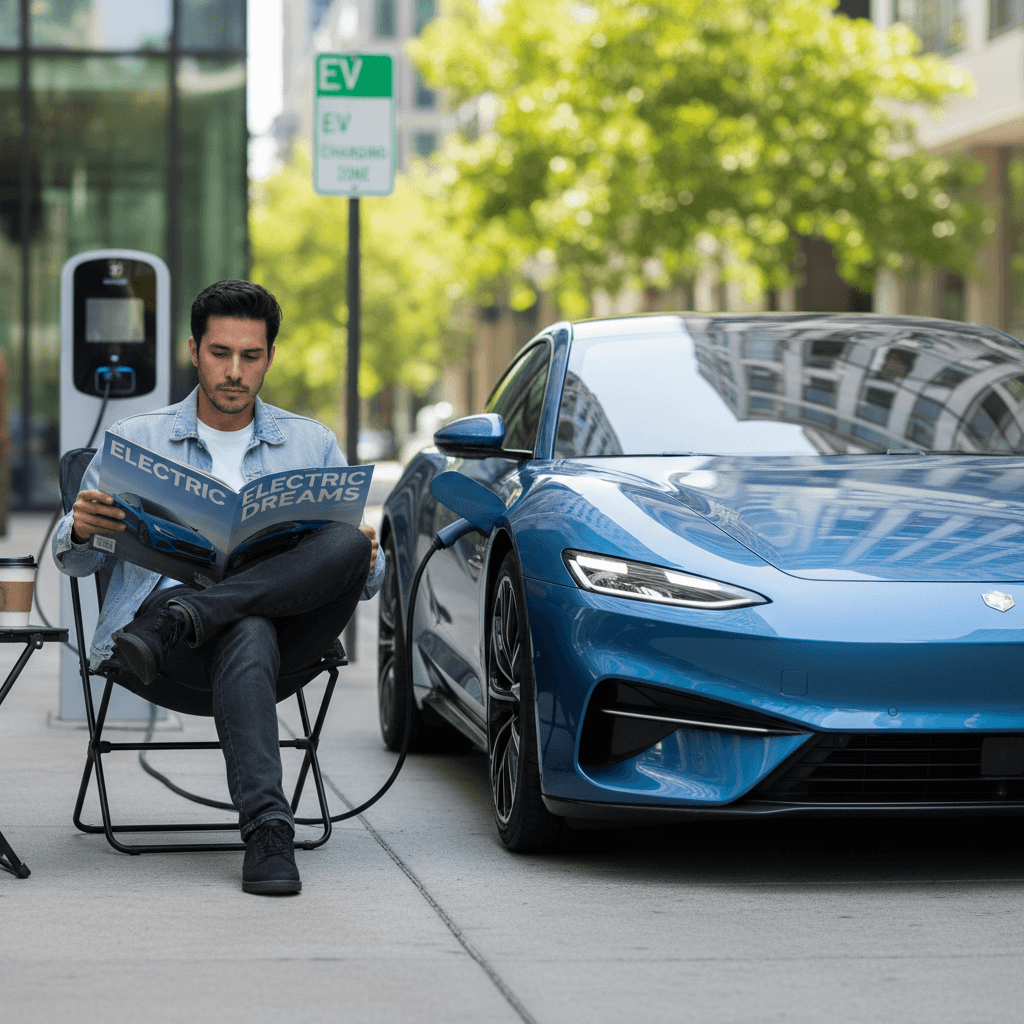 Person reading an EV buying guide brochure next to a parked electric car