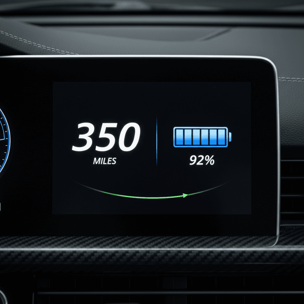 Close up of an electric vehicle dashboard showing range and battery charge