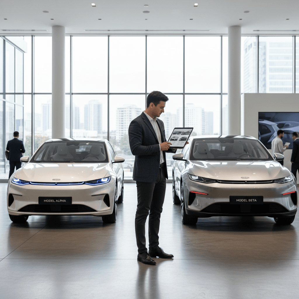Person comparing two electric car models on a tablet in a showroom