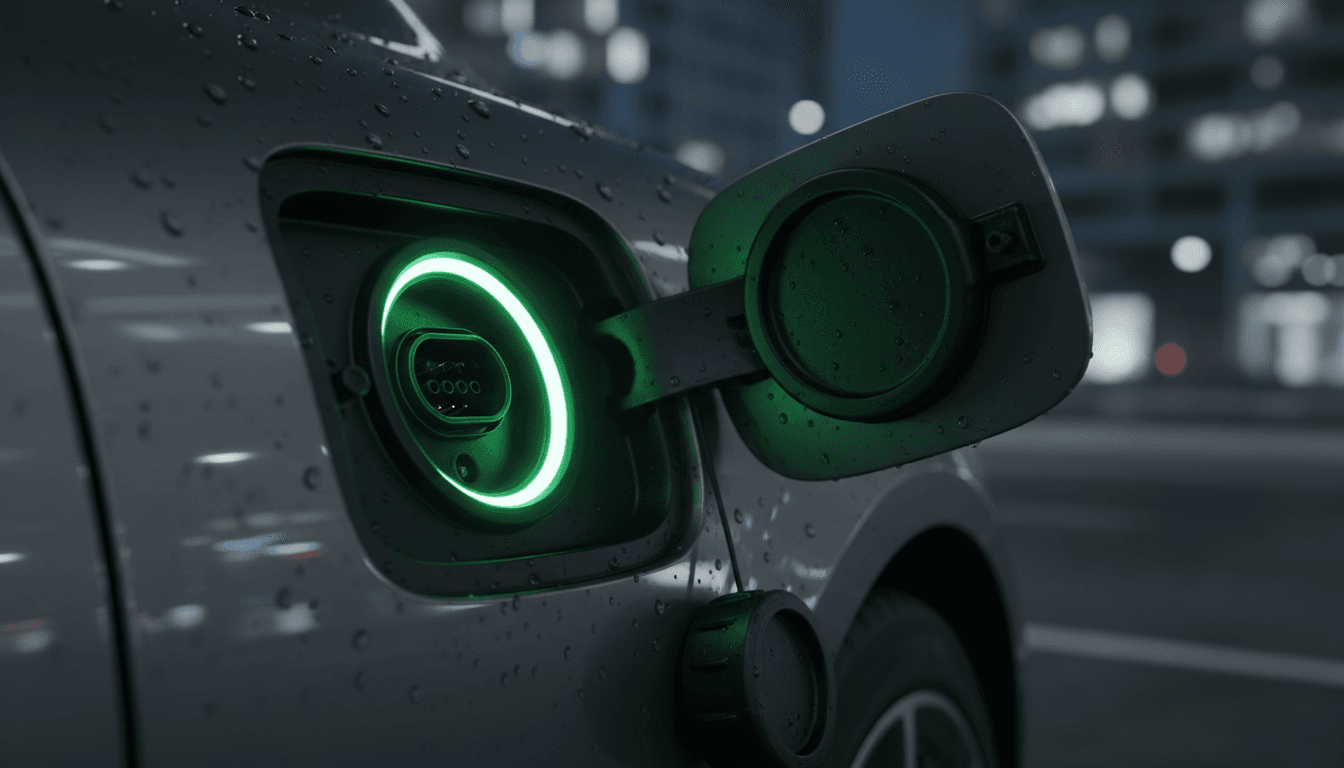 Close-up of an EV charging port with a green indicator light