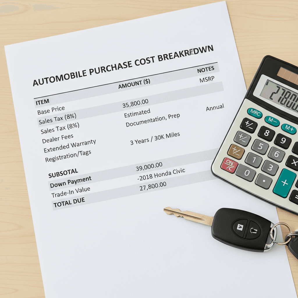 Cost breakdown sheet with calculator and car keys on a table