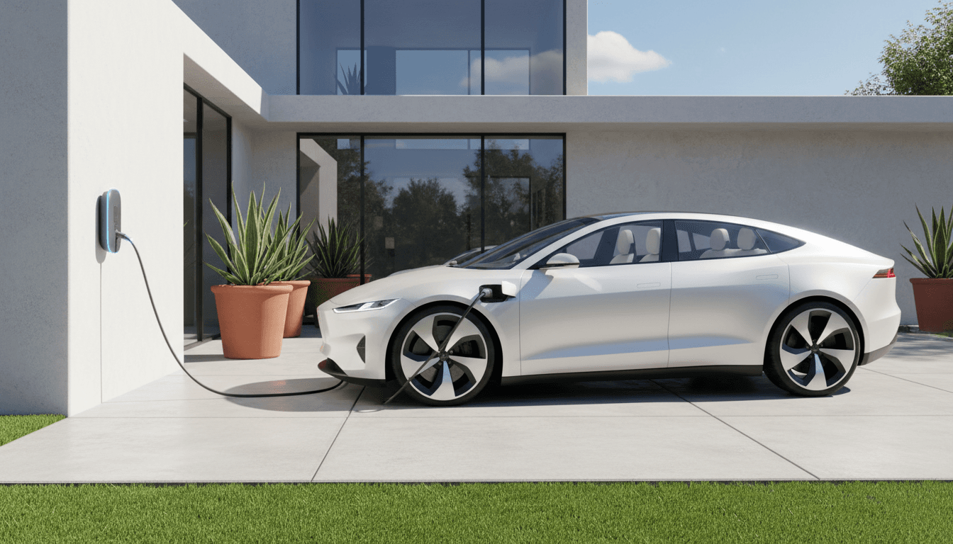 Electric vehicle parked in a driveway with charging cable connected