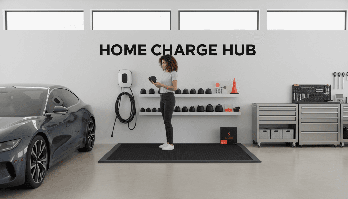 Home charging station mounted on garage wall with cable coiled