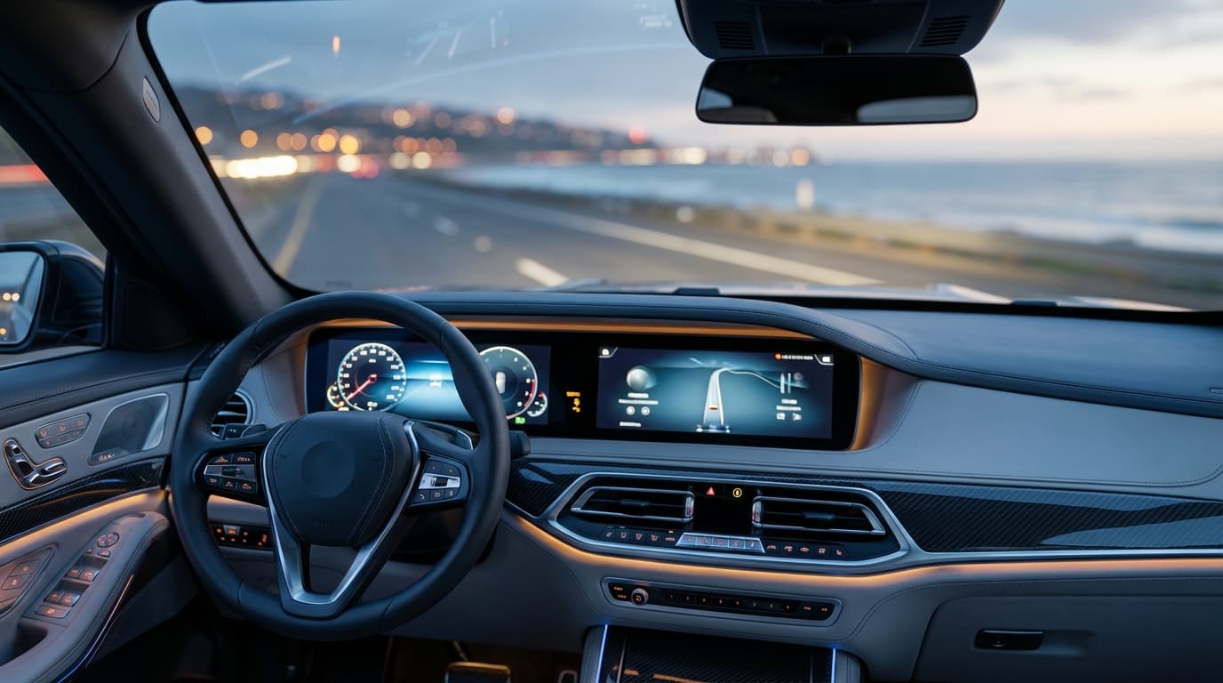 Modern electric sedan driving on a highway with a city skyline