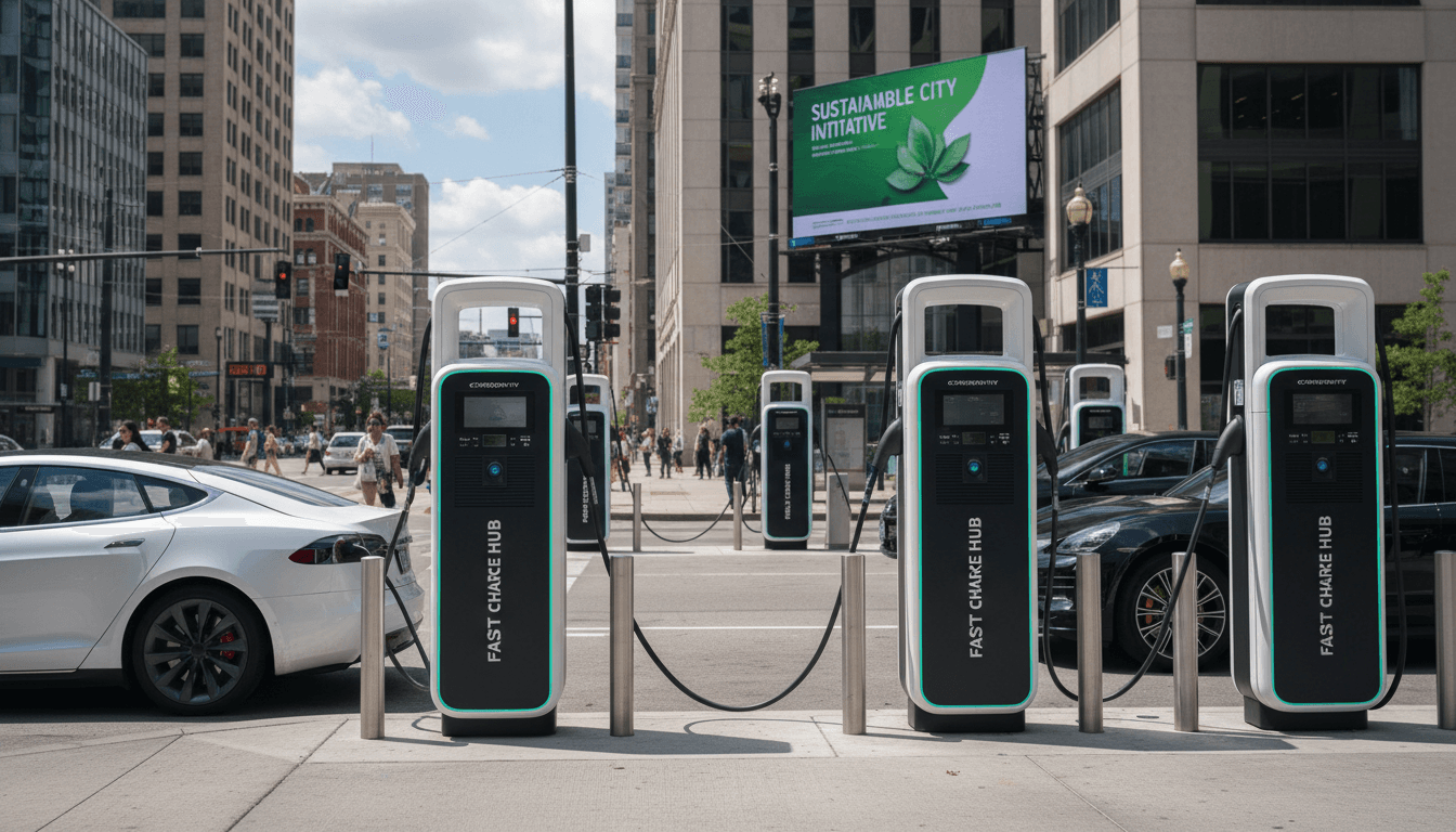 Multiple DC fast chargers lined up at a commercial location