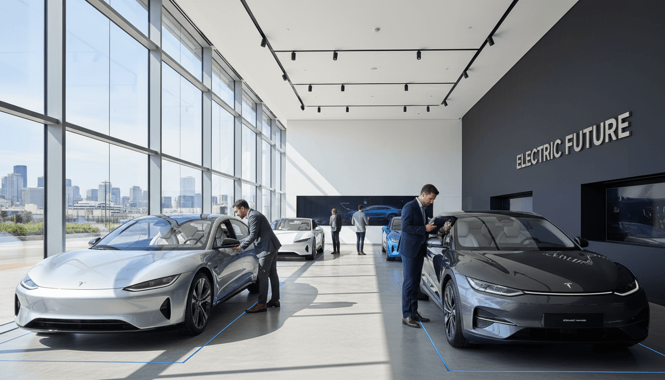 Three-quarter view of a sleek electric sedan in natural daylight