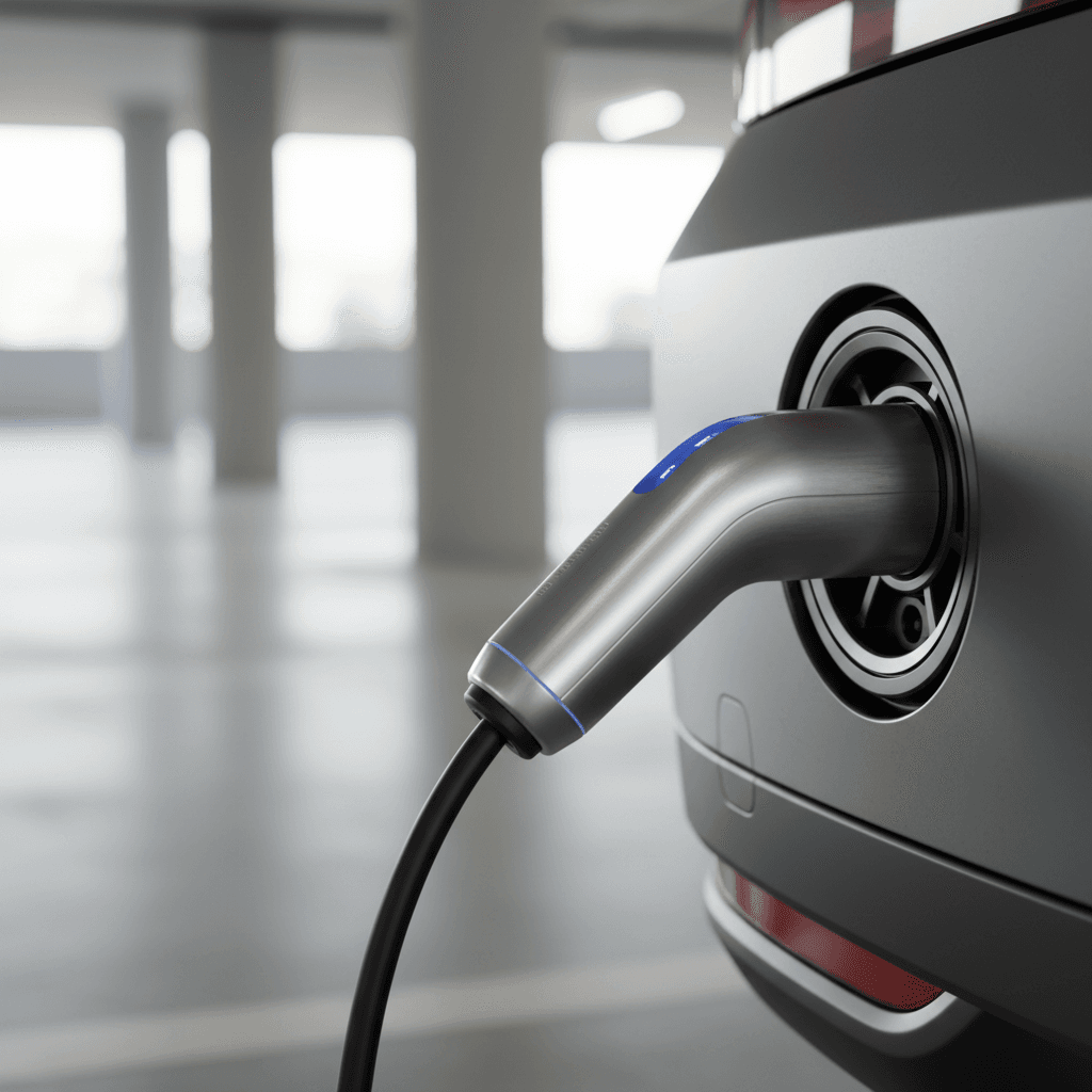 Driver hand plugging charging cable into an EV port with a digital dashboard visible