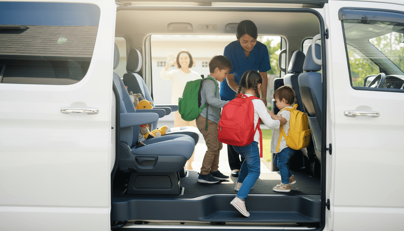 Family standing next to an electric crossover SUV in a driveway