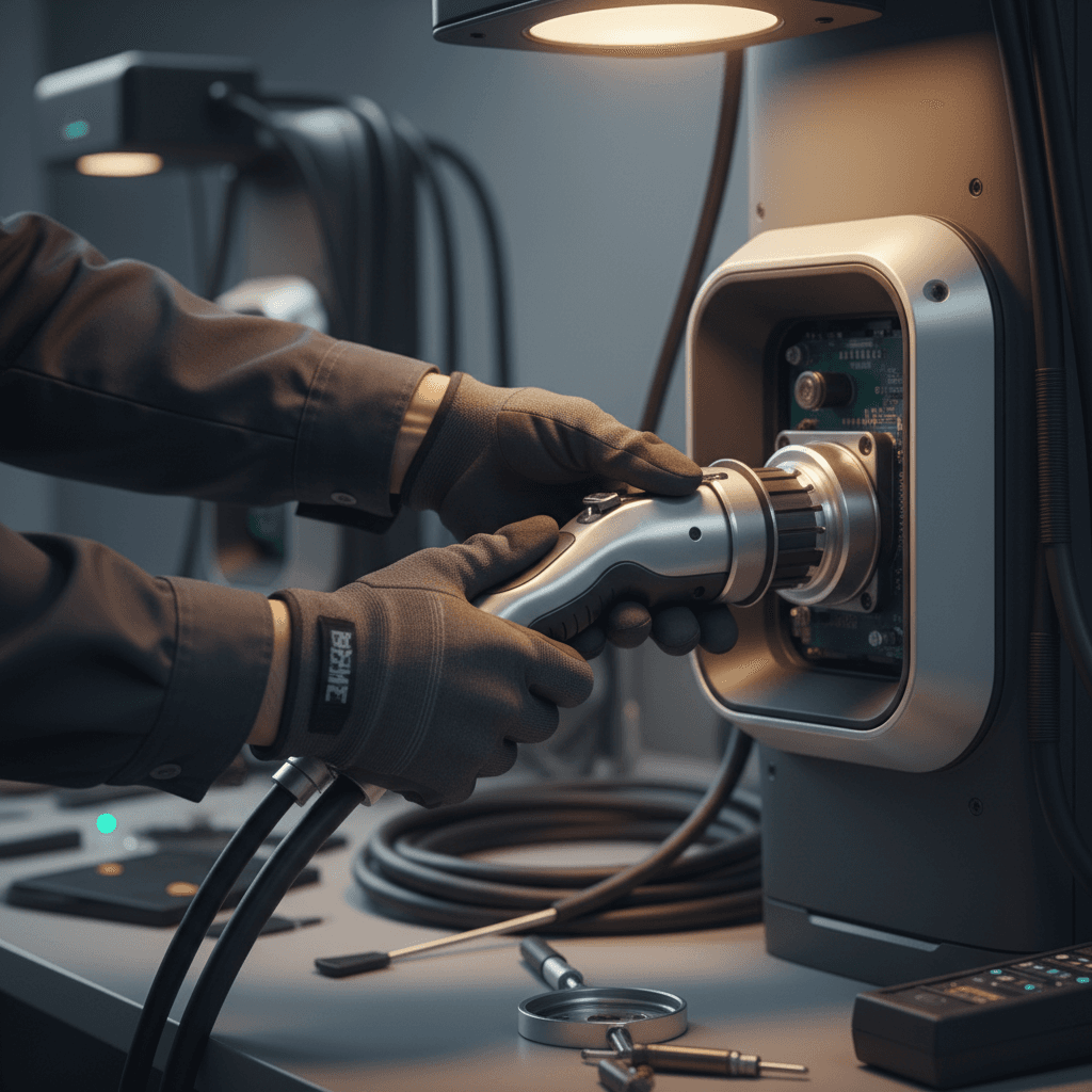 Close up of a CCS connector entering the charge port