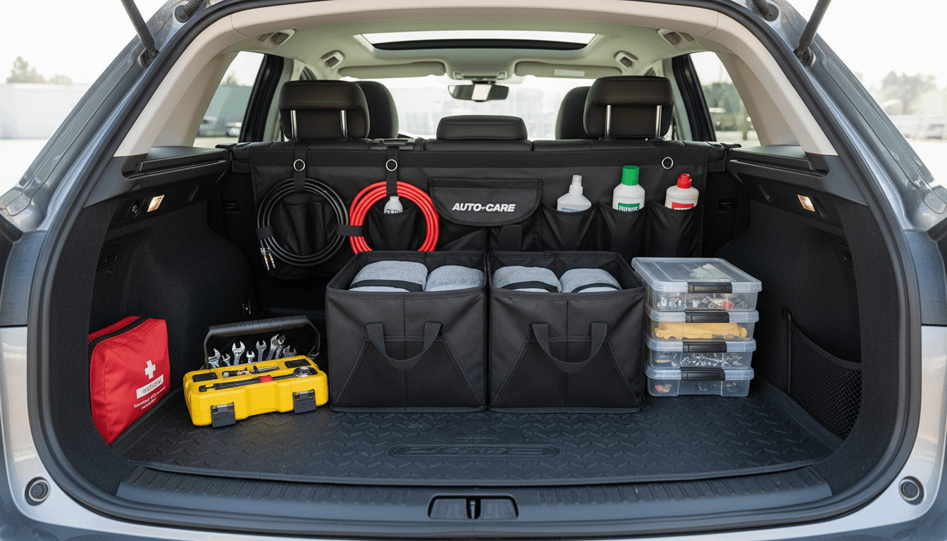 Open trunk of an electric hatchback with grocery bags inside