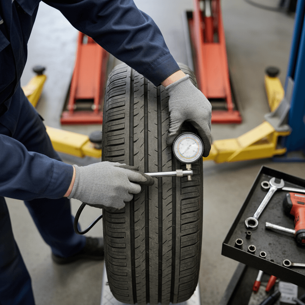 Hand inflating a tire on a blue electric sedan in a tidy home garage