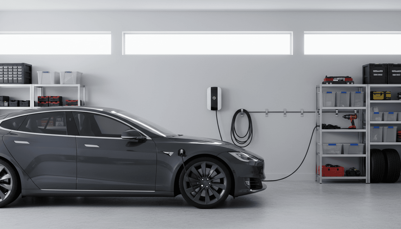 Electric vehicle charging in a residential garage at night