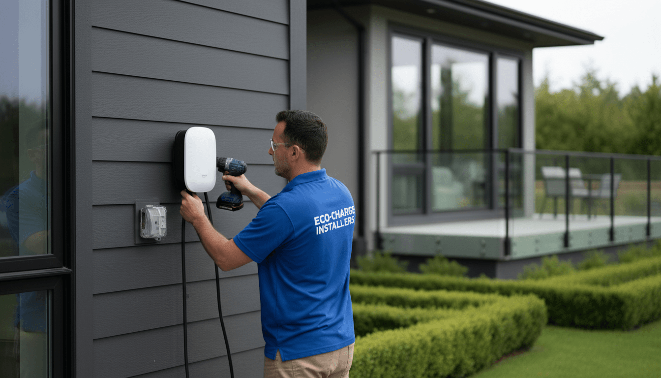 Electric car plugged into home charging station in garage at night